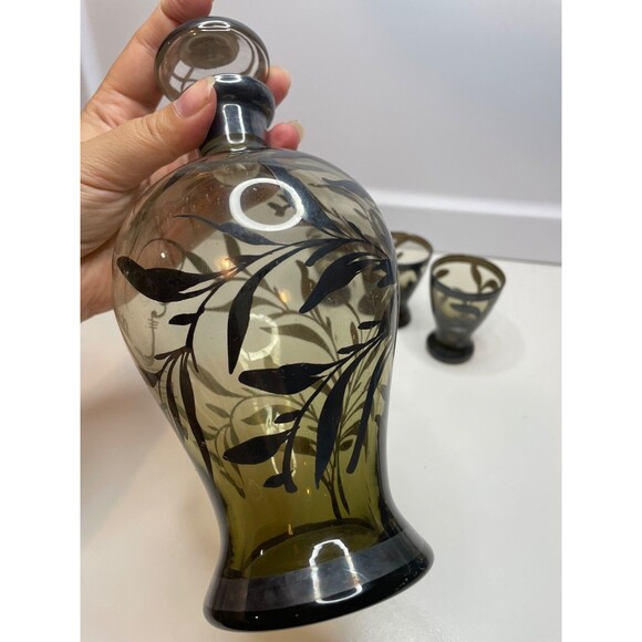 Vintage  Set ITALY CLEAR Glass Silver Overlay Liquor Decanter 3 Shot Glasses - Picture 4 of 11